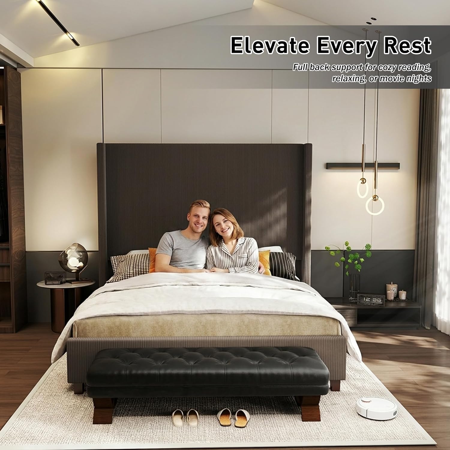 King Size Corduroy Upholstered Bed Frame with 65' Tall Headboard,USB Charging Station,Soft Washable Corduroy Cover with Wingback Headboard, Solid Wood Legs/Noise-Free/No Box Spring Needed/Brown