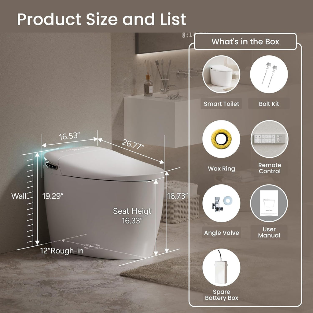 Smart Toilet with Bidet Built in, Tankless Elongated Smart Toilet, Auto Flush, Warm Water and Dryer, Soft Close Heated Seat, Digital Display, 12'' Rough-in