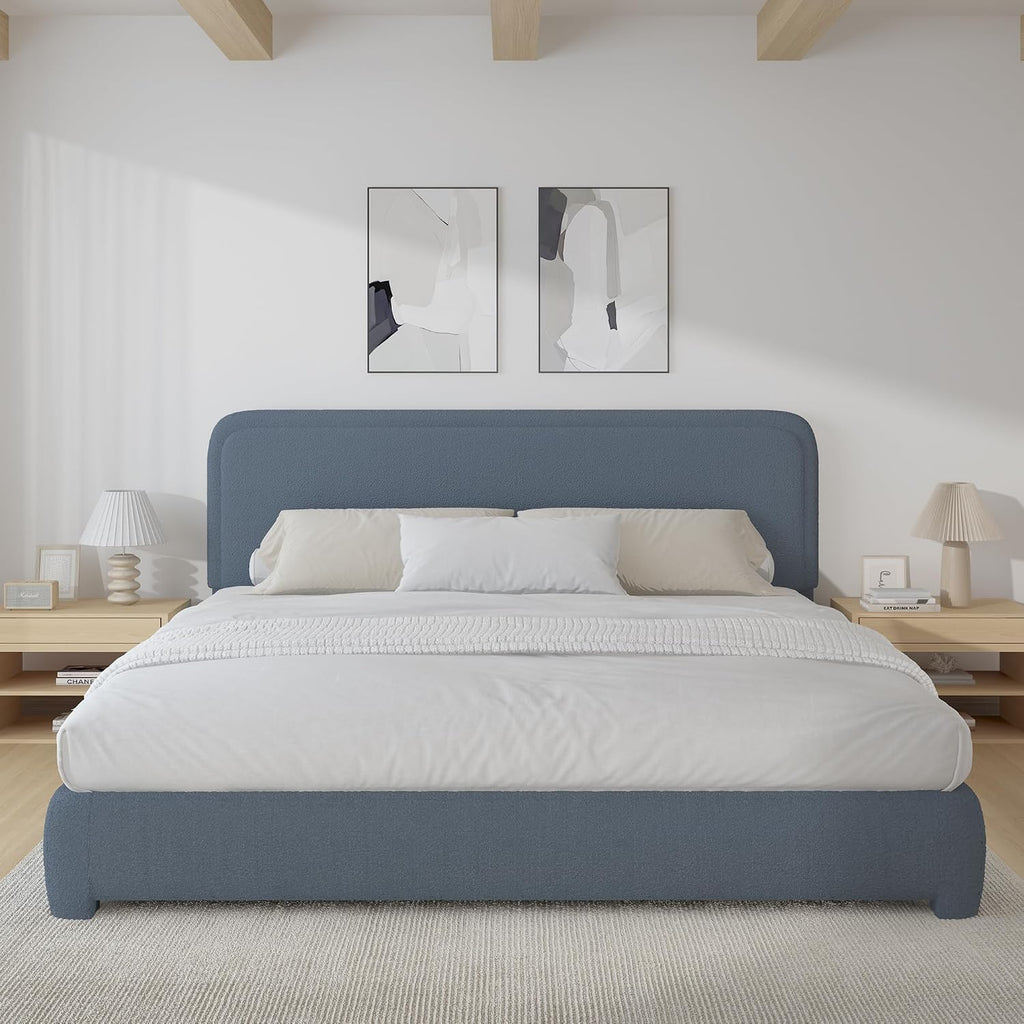 BarnFurin Boucle Upholstered Bed Frame King Size/Cloud Bed Frame/Soft Rounded Corners Headboard/Low Profile/No Box Spring Needed/Non-Slip and Noise-Free/Blue