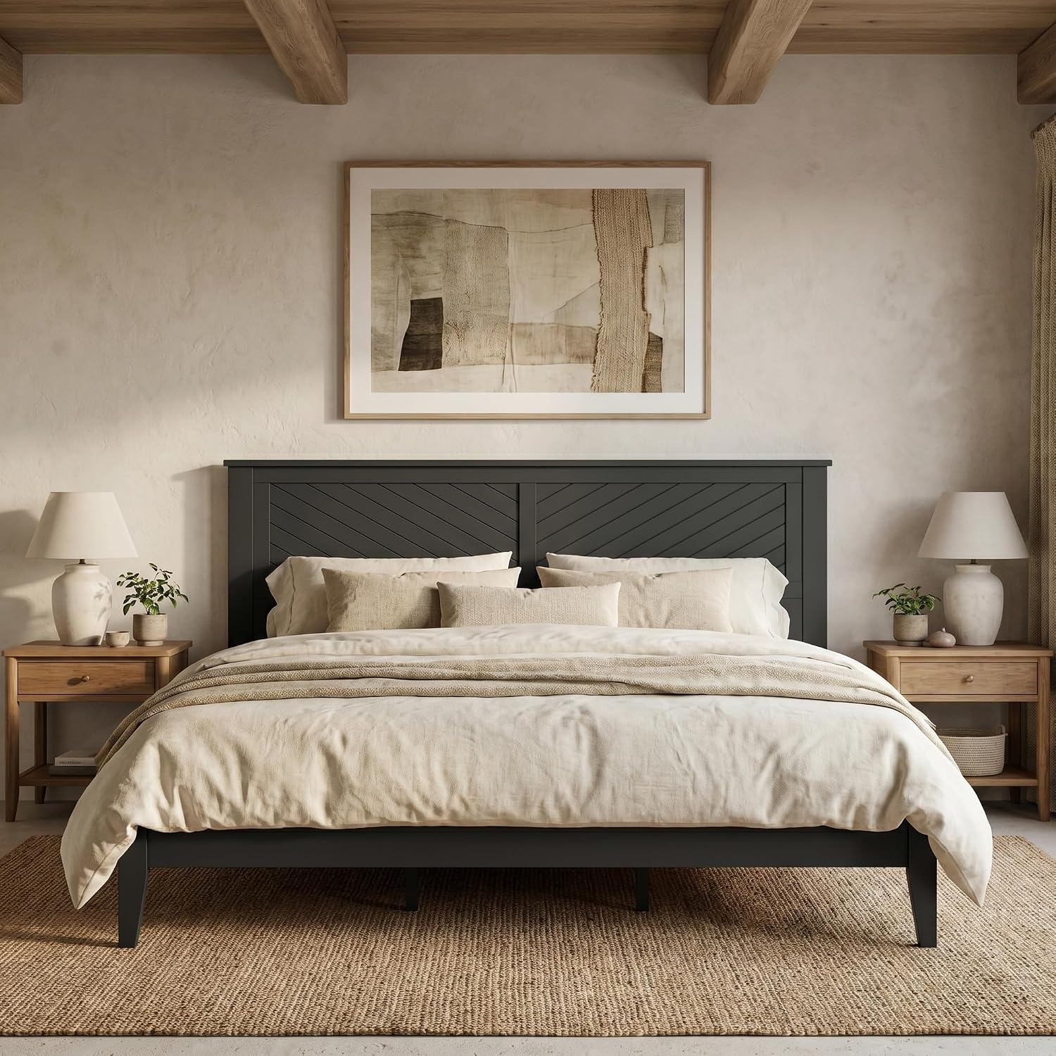 ComfIQ Solid Wood Platform Bed with Wooden Slats – Durable Frame, No Box Spring Required, Ample Underbed Storage, Black, King, Bed and Chevron Headboard