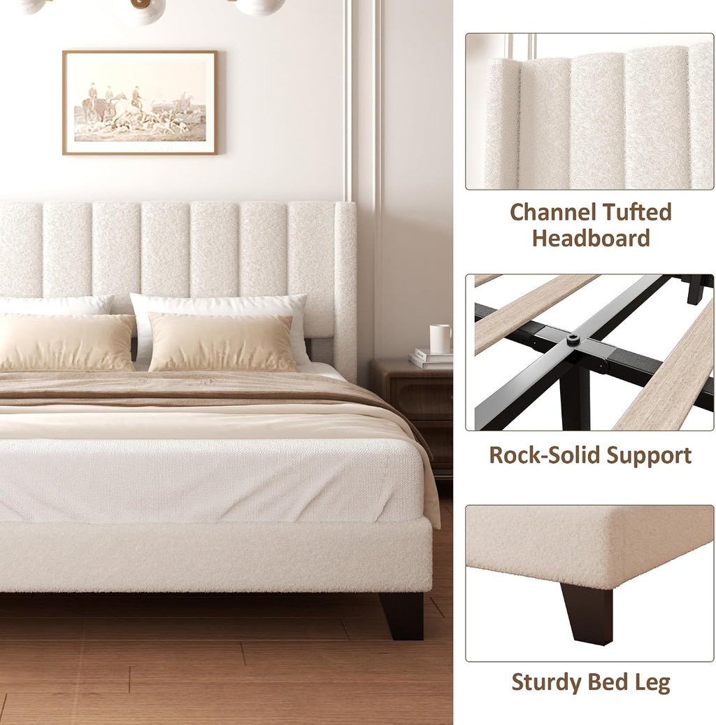 King Bed Frame with Headboard Upholstered Platform Bed Frame with Teddy Velvet Headboard, Wooden Slats Support/Wing Edge Design/No Box Spring Needed/Easy Assembly, Beige King