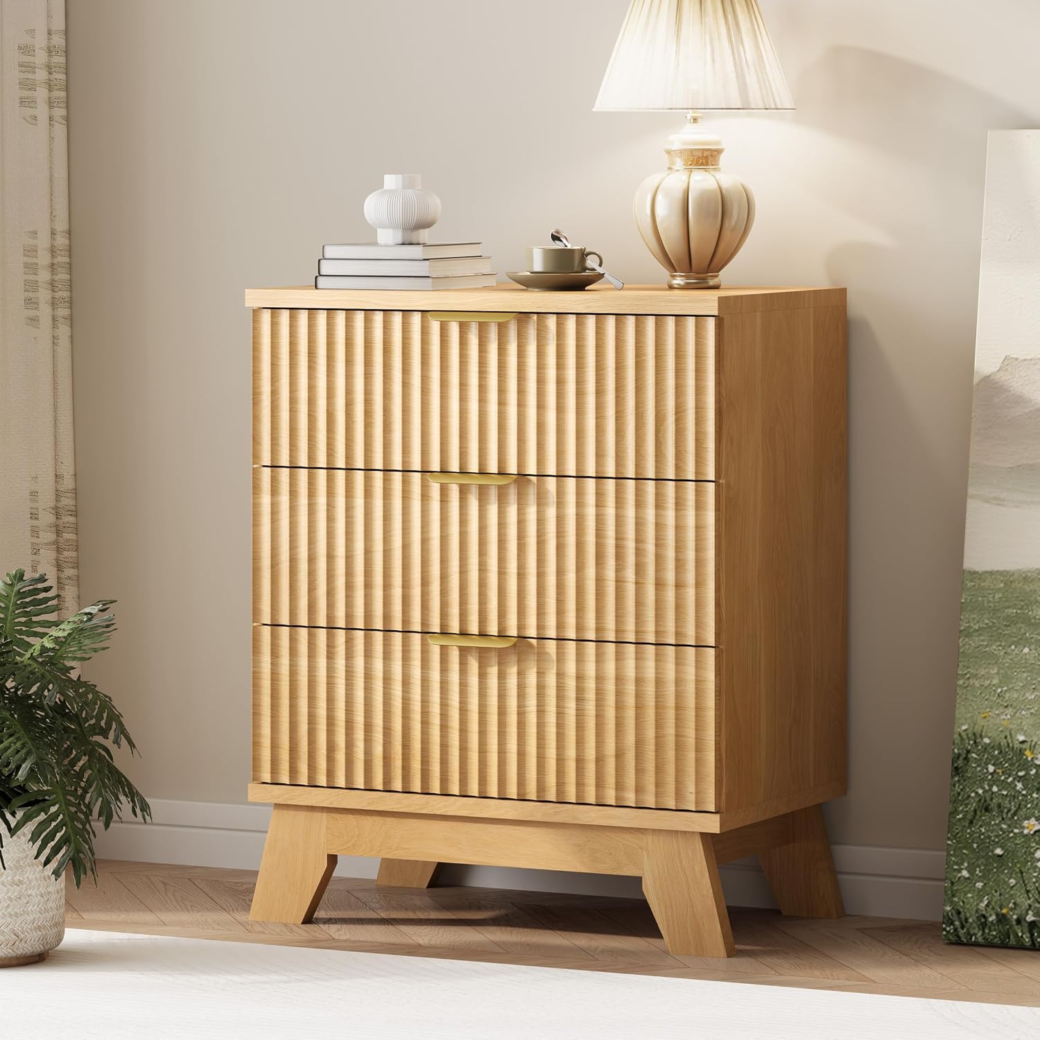 Fluted Dresser for Bedroom with 3 Drawers, 24' Wide Modern Chest of Drawers with Metal Handle, Wooden Dresser TV Stand, Wood Closet Clothes Storage Organizer for Living Room, Hallway, Natural Oak