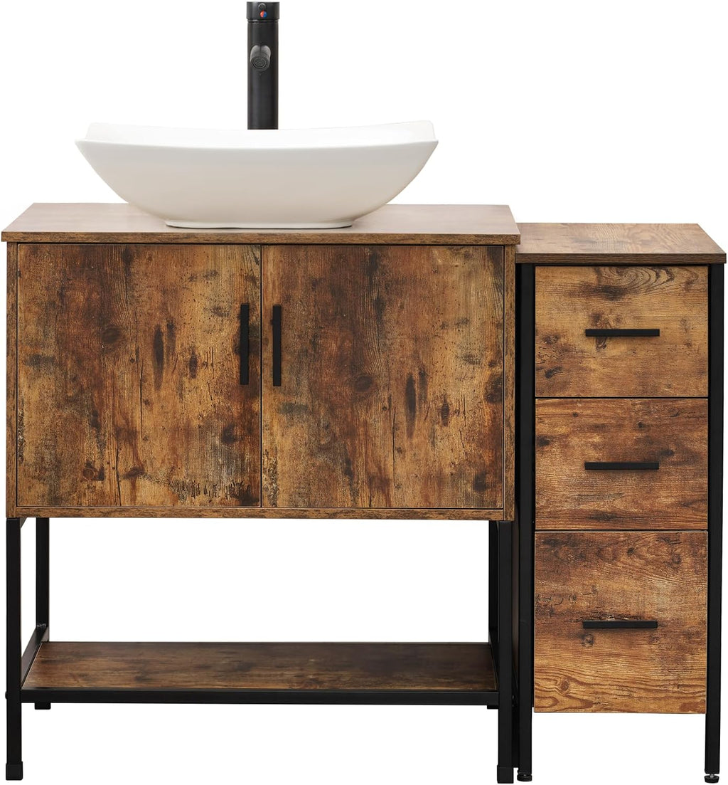 UEV 42' Rustic Brown Bathroom Vanity with Sink Combo,Industrial Iron Frame Bathroom Cabinet Sets with 3 Drawers Side Cabinet,Modern Artistic Ceramic Vessel Sink(032WH)