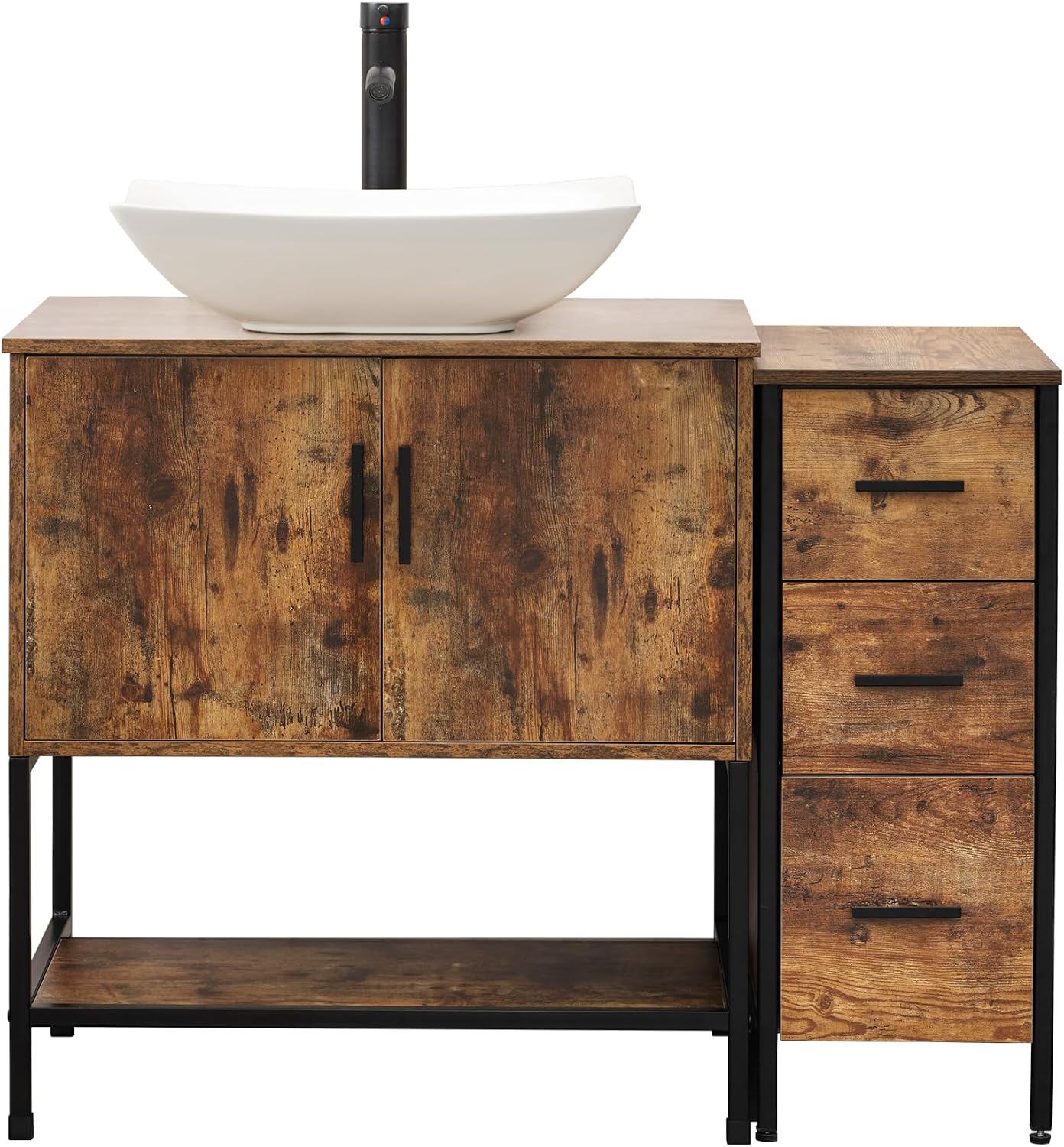 UEV 42' Rustic Brown Bathroom Vanity with Sink Combo,Industrial Iron Frame Bathroom Cabinet Sets with 3 Drawers Side Cabinet,Modern Artistic Ceramic Vessel Sink(032WH)