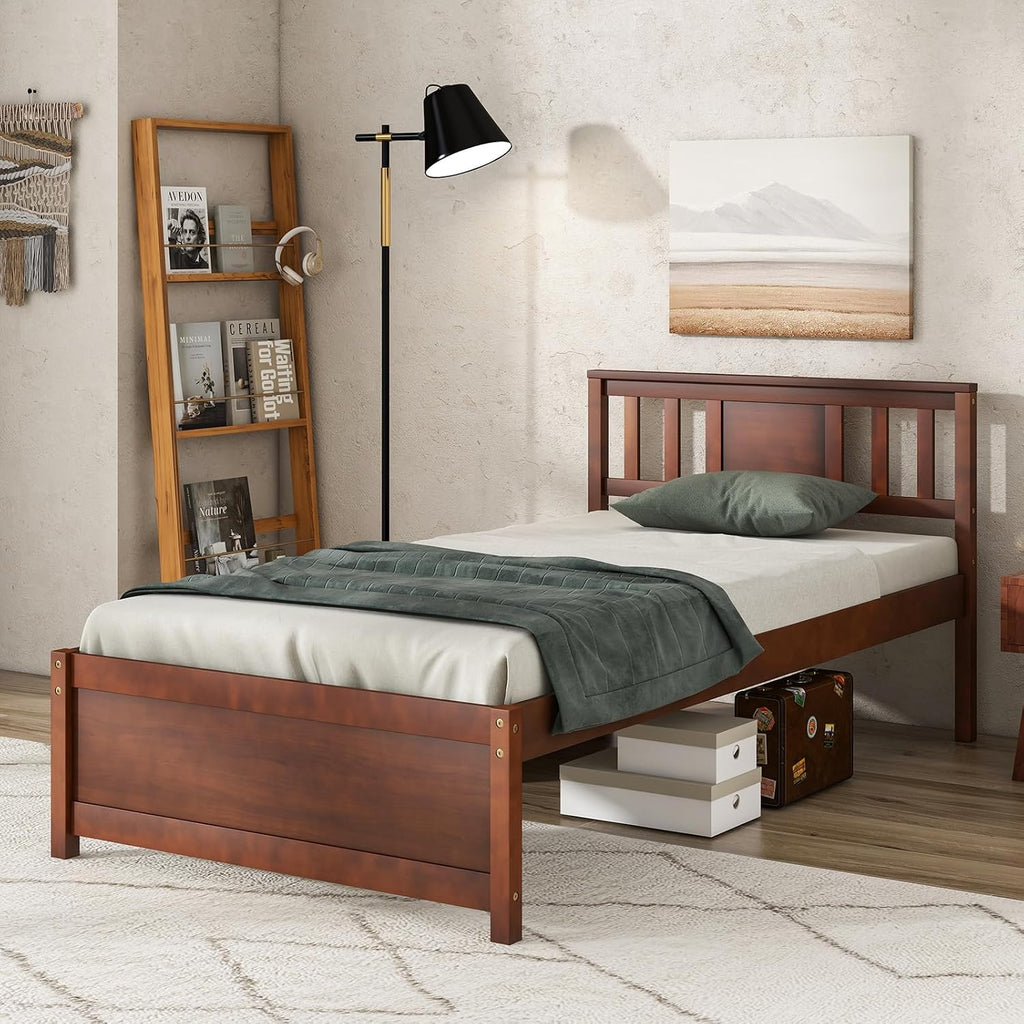 Giantex Twin Bed Frame With Headboard, Mid Century Solid Wood Platform Bed, Single Panel Bed With Slat Support, No Box Spring Needed, for Kids, Walnut