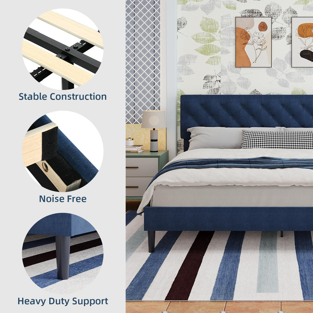 BarnFurin King Size Bed Frame, Upholstered Platform Bed Frame King with Button Tufted Headboard, Wooden Slats Support, No Box Spring Required, Easy Assembly, Navy Blue