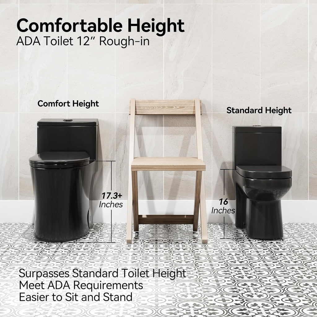 HOROW T0338WB Elongated One Piece Toilet Black, Compact Modern Toilet with Comfortable Seat Height, ADA Chair Height 17.3', Power Dual Flush 0.8/1.28 GPF, Matte Black, 12' Rough-in