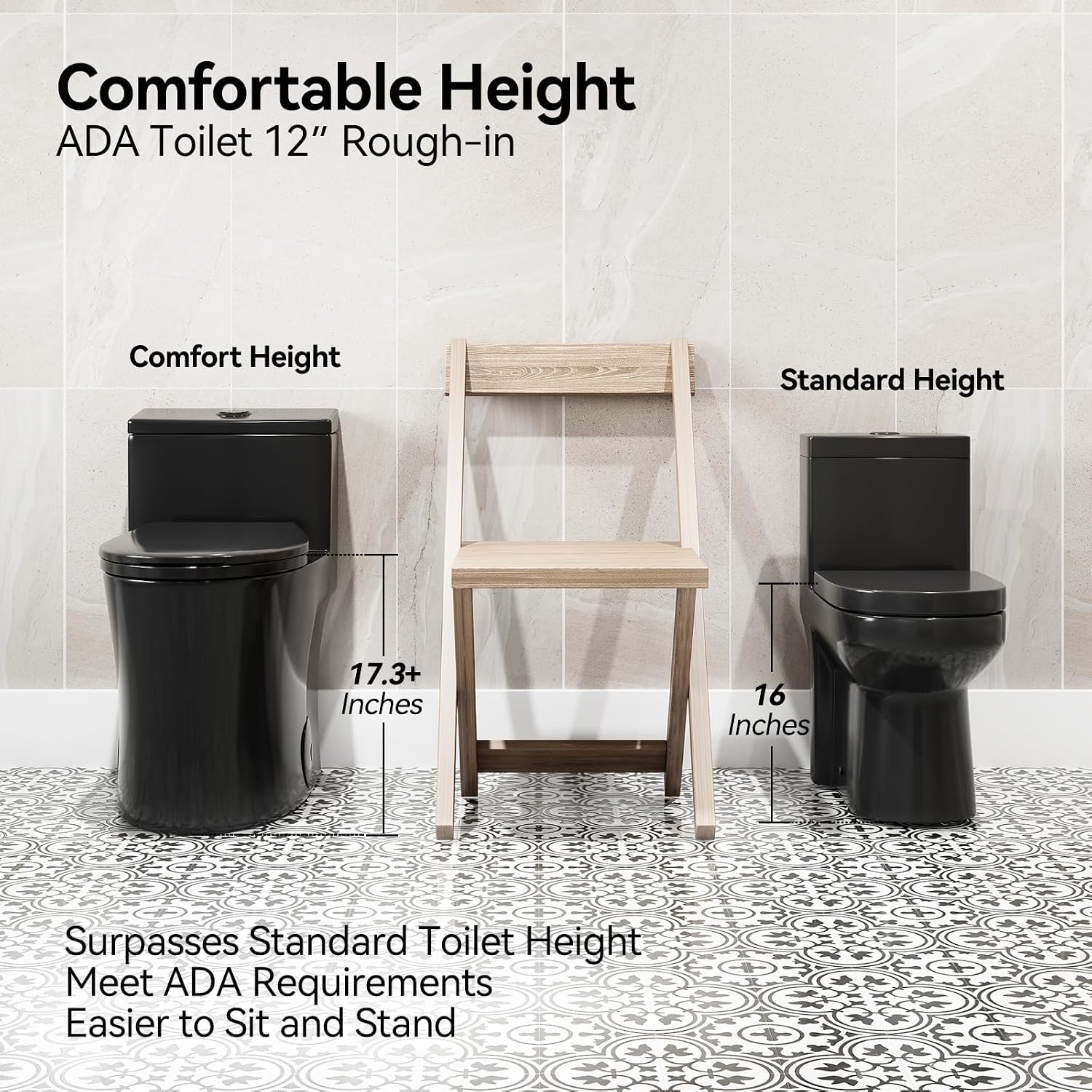 HOROW T0338WB Elongated One Piece Toilet Black, Compact Modern Toilet with Comfortable Seat Height, ADA Chair Height 17.3', Power Dual Flush 0.8/1.28 GPF, Matte Black, 12' Rough-in