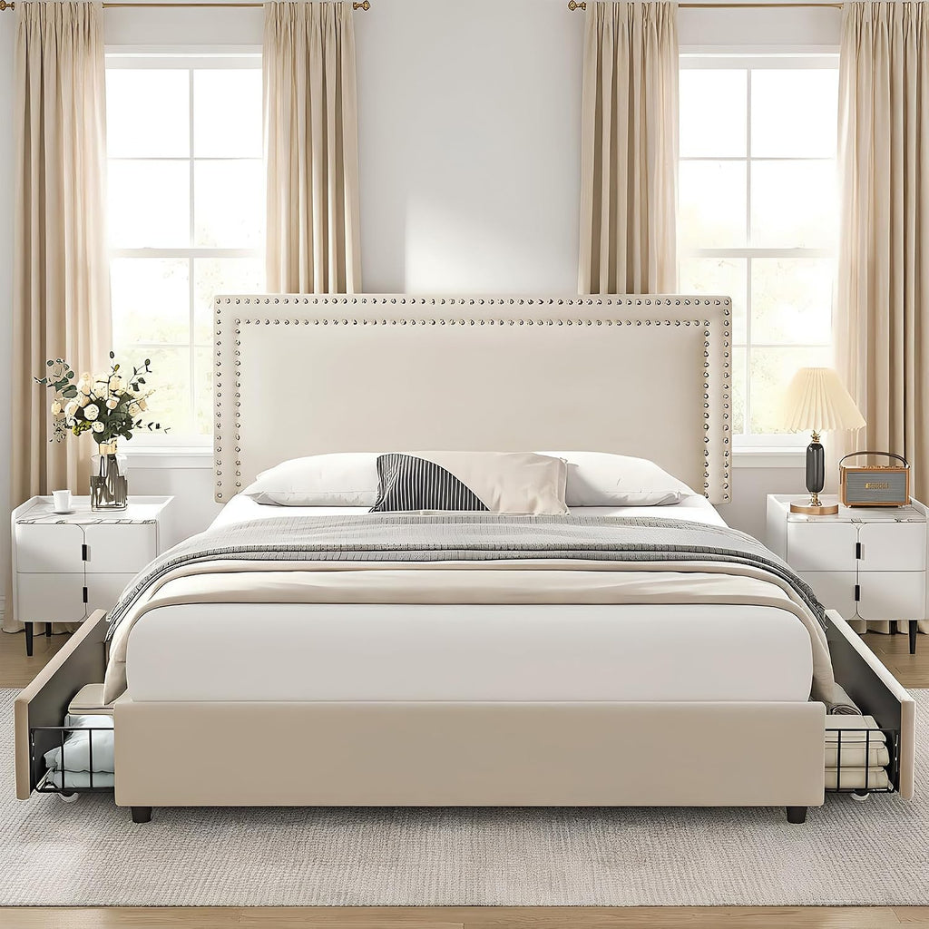 VECELO King Size Upholstered Bed Frame with 4 Storage Drawers, Adjustable Velvet Rivet Decor Headboard, Wooden Slats Platform Support, No Box Spring Needed, Easy Assembly,Beige