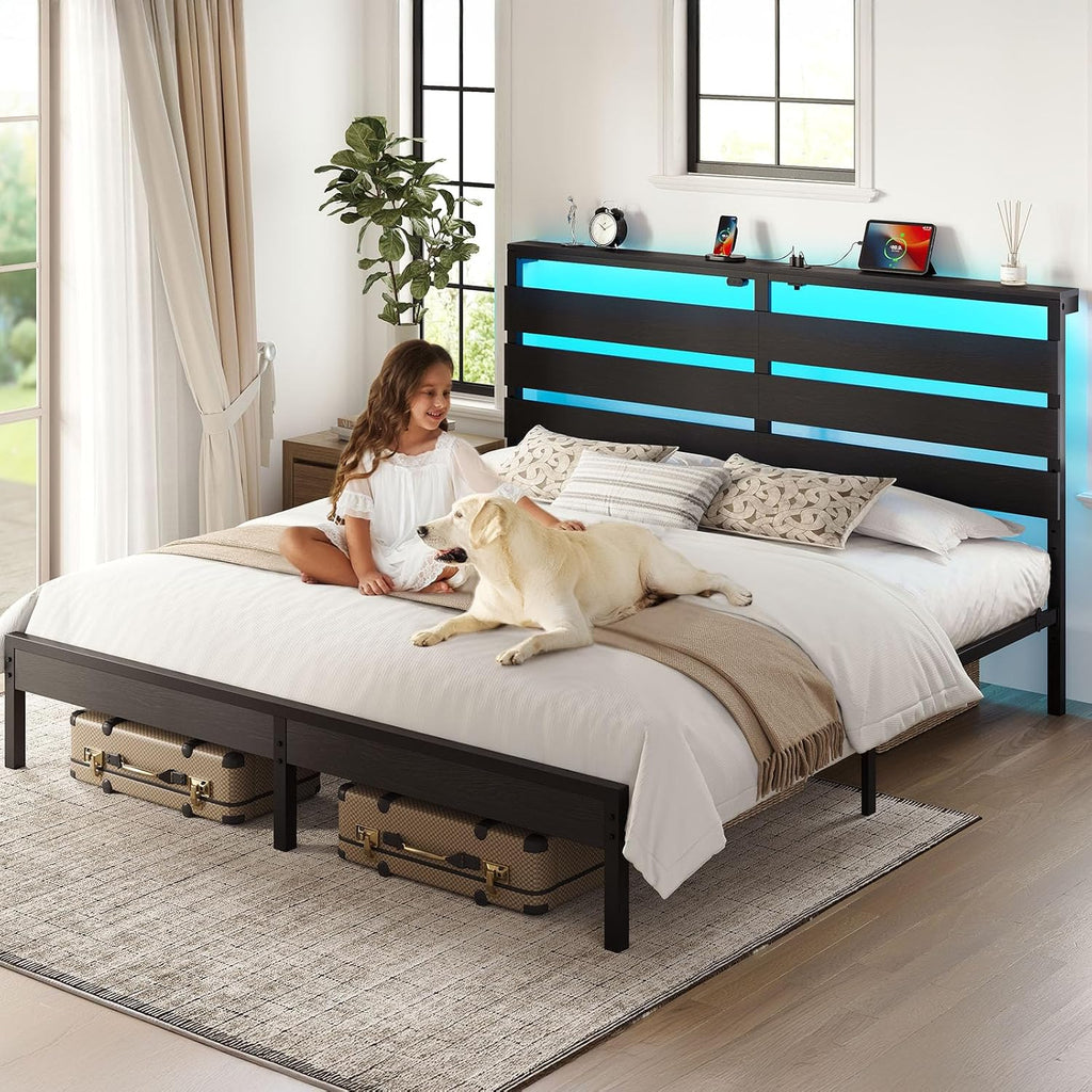 Rolanstar King Size Bed Frame with LED Lights and Charging Station, Wood Storage Headboard and Under Bed Storage, Metal Platform, Noise Free, No Box Spring Needed, Balck Oak