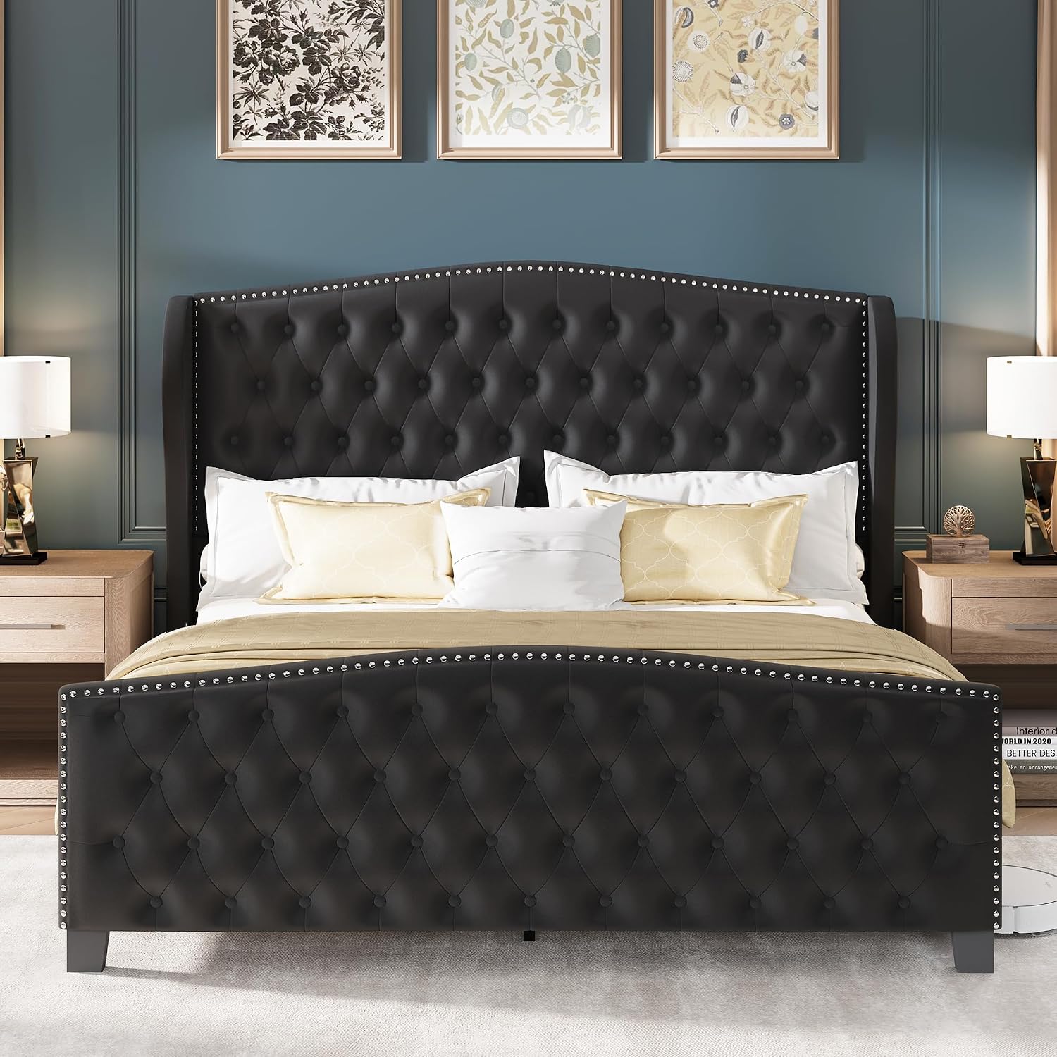 LARMACE King Size Bed Frame Velvet Upholstered Platform Bed with Wingback Headboard & Footbaord, Deep Button Tufted Bed Frame with Wood Slats Support, No Box Spring Needed, Black