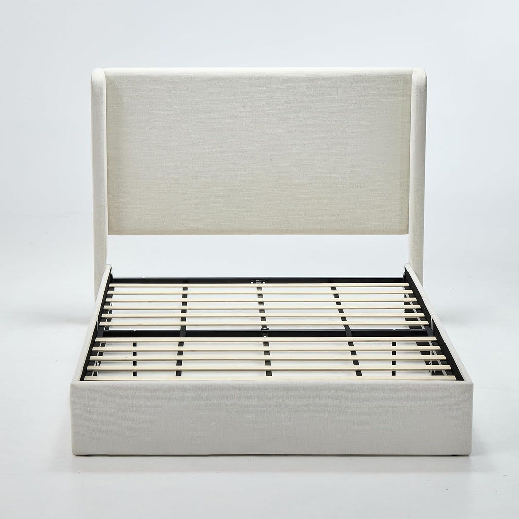Queen Size Upholstered Platform Bed Frame, 54' High Headboard Carmen Wingback Bed, Fully Upholstered Mattress Foundation, No Box Spring Needed No Noise, Minimalist, Textured Ivory