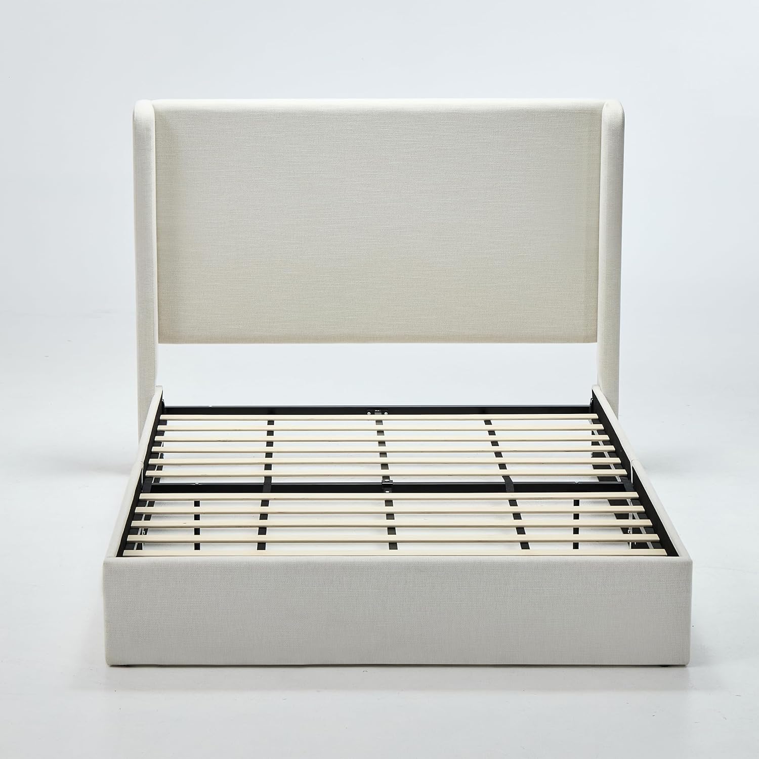 Queen Size Upholstered Platform Bed Frame, 54' High Headboard Carmen Wingback Bed, Fully Upholstered Mattress Foundation, No Box Spring Needed No Noise, Minimalist, Textured Ivory