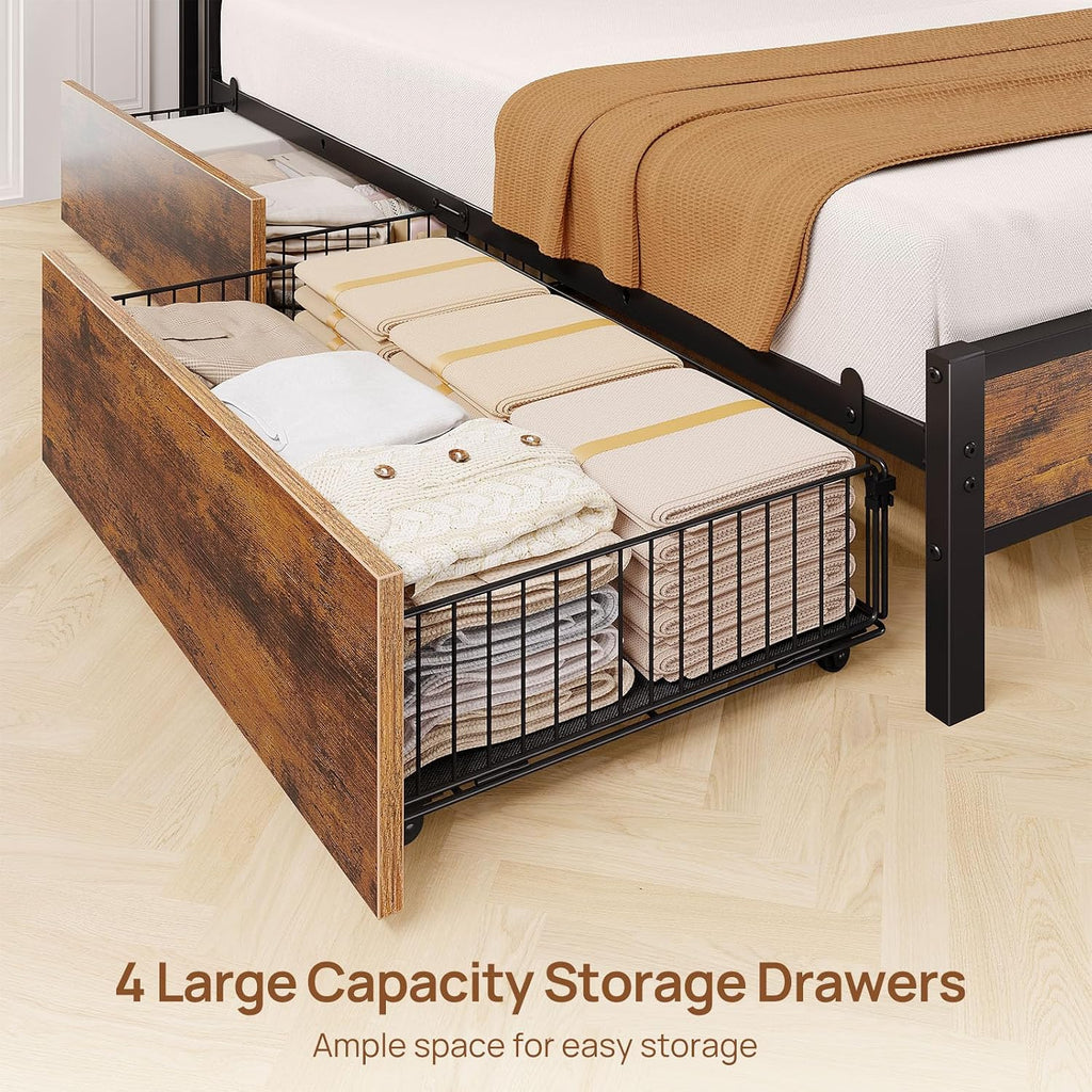 Rolanstar Bed Frame Twin Size with Charging Station and LED Lights, Upholstered Storage Headboard with Drawers, Heavy Duty Metal Slats, No Box Spring Needed, Easy Assembly, Rustic Brown