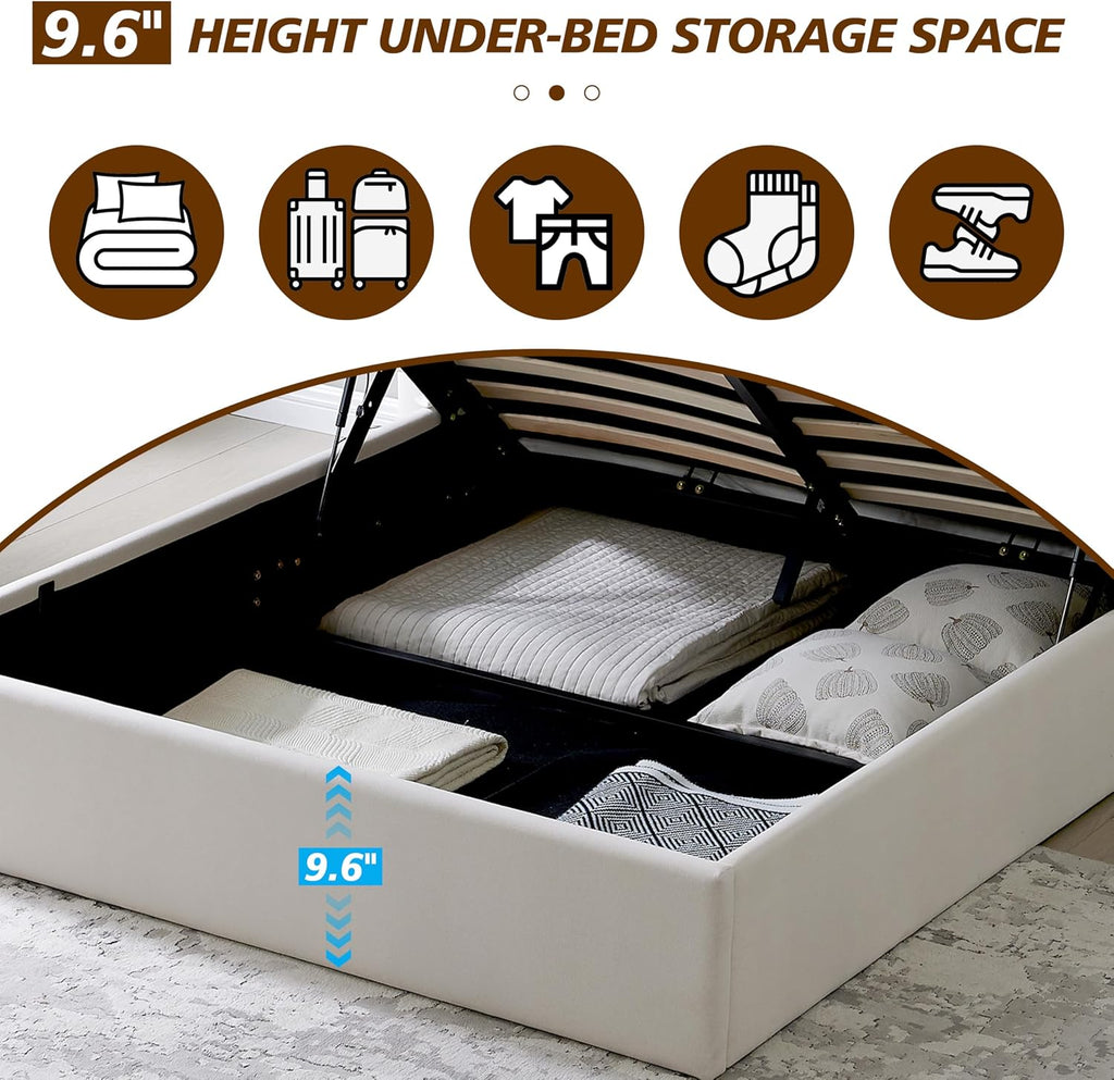 Queen Size Upholstered Platform Bed Frame with Lift-Up Storage, Velvet Headboard & Built-in Nightstands, No Box Spring Needed, Beige