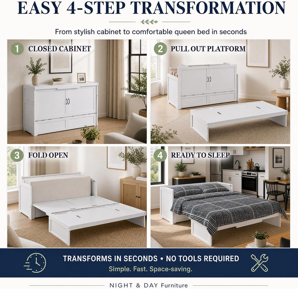 NIGHT & DAY Furniture Murphy Cube Cabinet Bed (White, Queen)