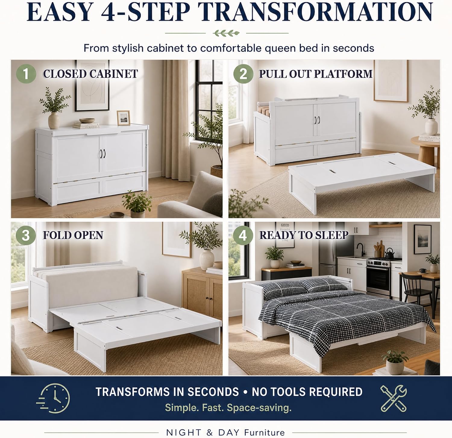 NIGHT & DAY Furniture Murphy Cube Cabinet Bed (White, Queen)