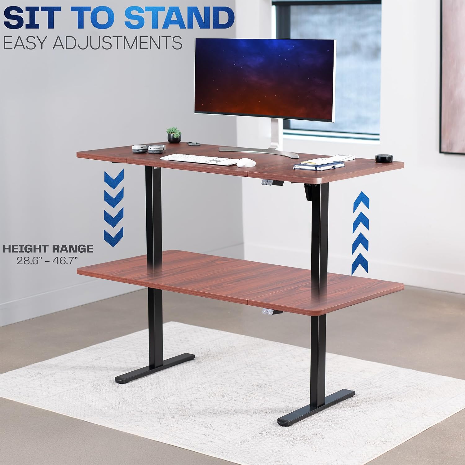 VIVO Electric 60 x 30 inch Stand Up Desk, Height Adjustable, Dark Walnut Top Black Frame, Home and Office Furniture Sets, DESK-KIT-0B6D