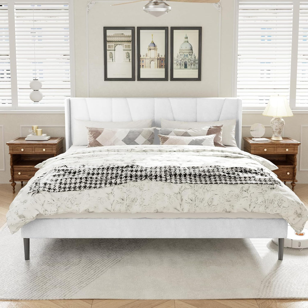 HAOARA King Bed Frame with Headboard, Velvet Upholstered Platform Bed Frames with Wingboard, Contemporary Mattress Foundation, Noise Free, No Box Spring Needed, Easy Assembly, White