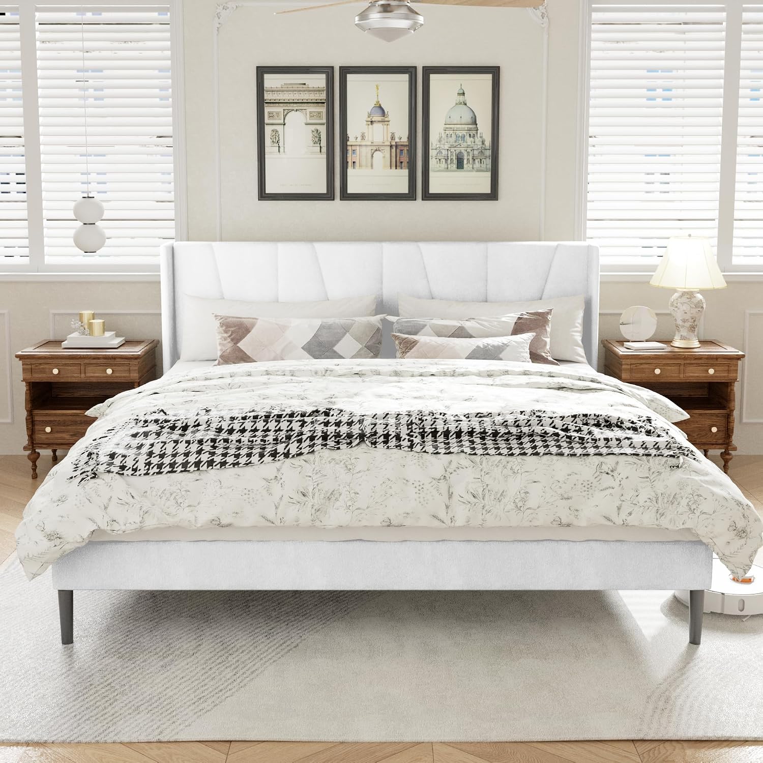 HAOARA King Bed Frame with Headboard, Velvet Upholstered Platform Bed Frames with Wingboard, Contemporary Mattress Foundation, Noise Free, No Box Spring Needed, Easy Assembly, White