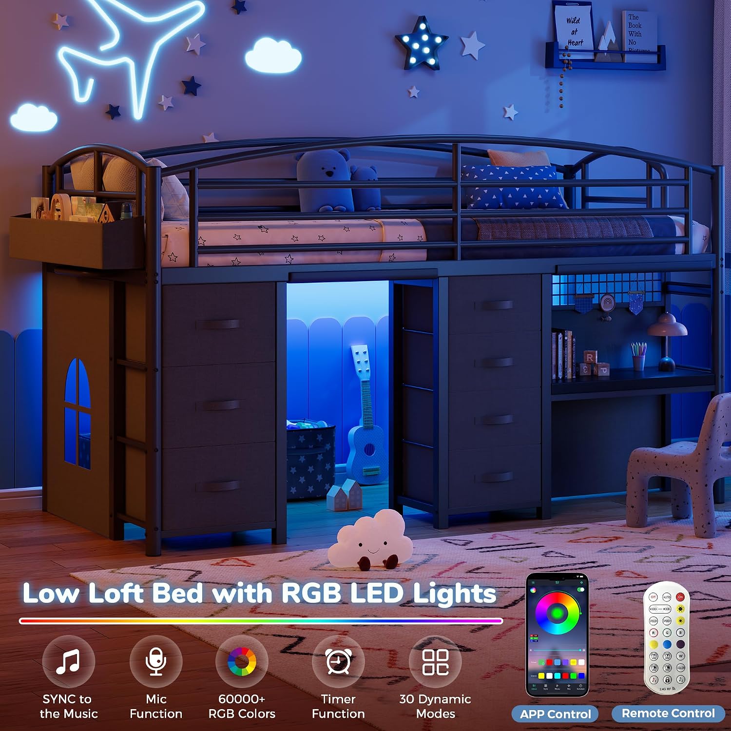 Low Loft Bed Twin Size with 7 Storage Drawers, Desk and LED Lights, Heavy Duty Metal Kids Loft Bed with 12' H Safety Guardrail, Anti-Collision Pad, Private Play Curtain, Under-Bed Play Space - Black