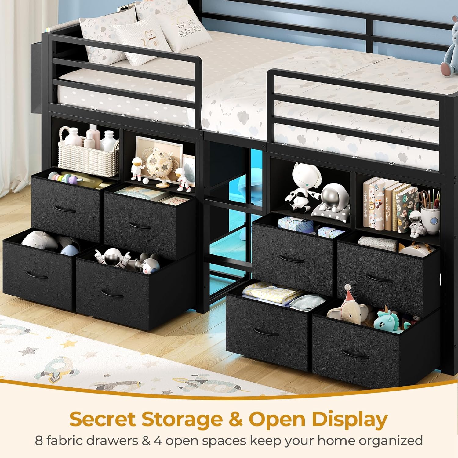 ADORNEVE Low Loft Bed Twin Size with 8 Storage Drawers, Twin Loft Bed with Bookcase and LED Lights, Metal Kids Loft Bed with 14' H Safety Guardrail, Under-Bed Play Space, No Box Spring Needed, Black
