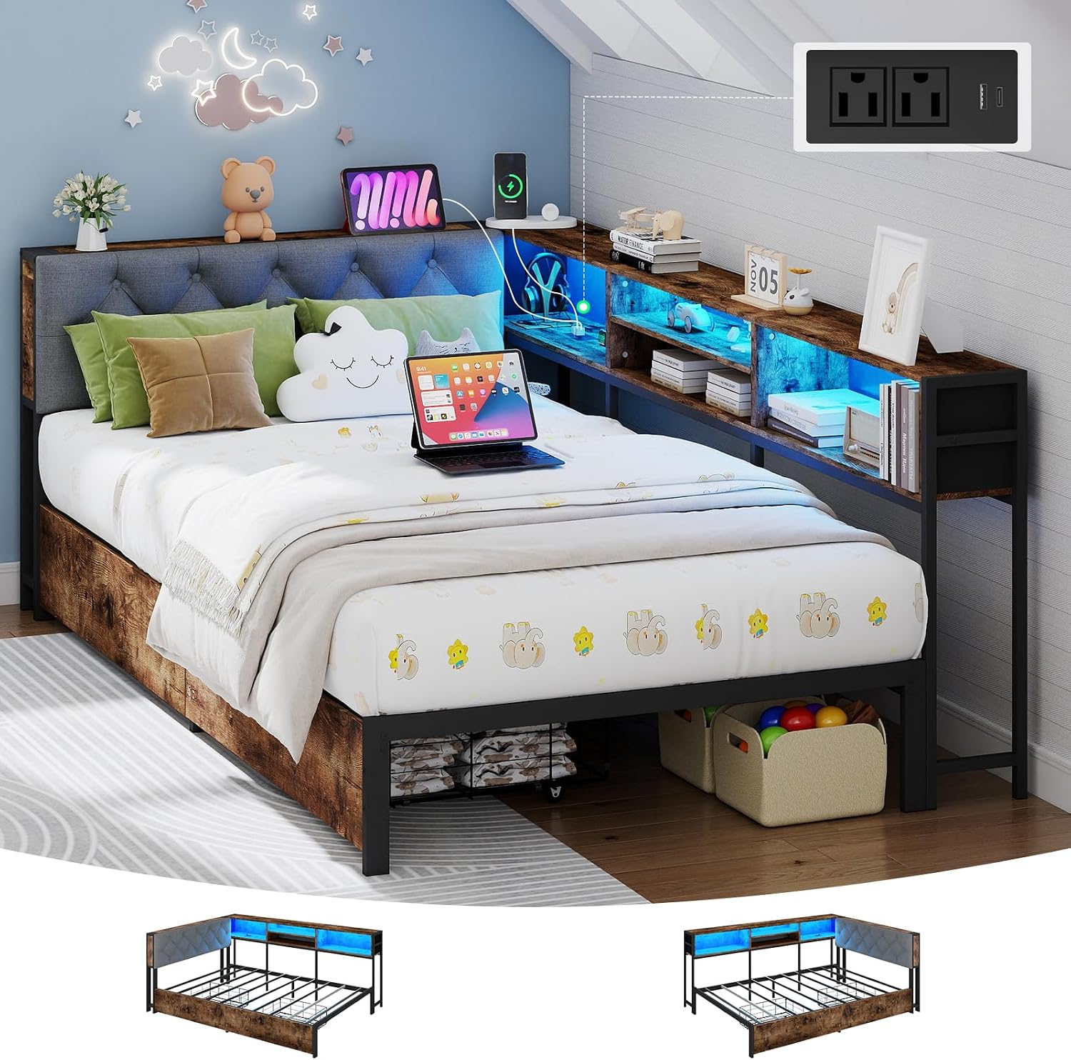 Doltoro Twin Corner Bed Frame with Storage Bookcase and LED Lights, Twin Size Daybed with 2 Storage Drawers, Upholstered Platform Bed with Headboard and Charging Station, Rustic Brown & Gray