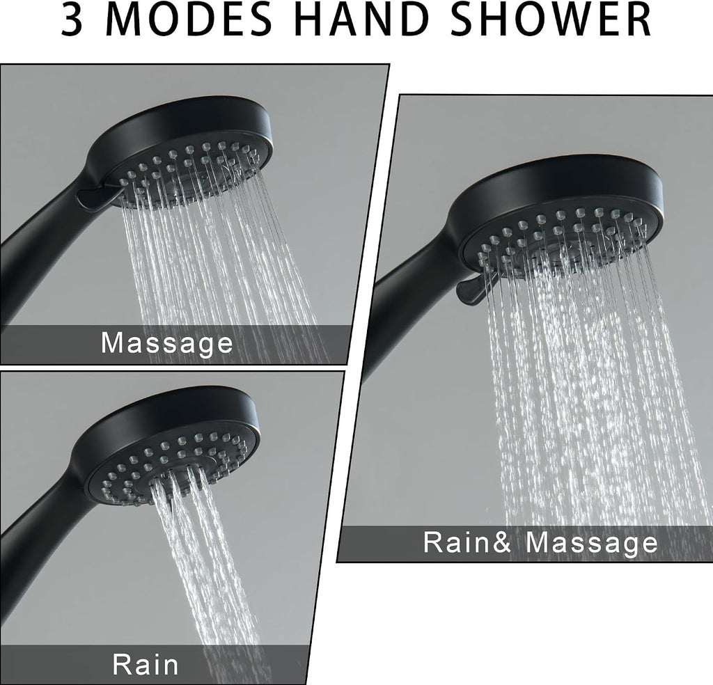 LIWEIKE 3 Handle Tub Shower Faucet, Matte Black Three Handles and Tub Spout Faucet Set Black Shower Faucet 3 Knob Brass Rough-in Valve