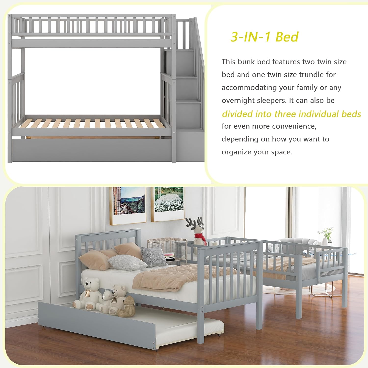 Harper & Bright Designs Twin-Over-Twin Bunk Bed with Trundle and Storage Staircase, Solid Wood 3 in 1 Stairway Bunk Bed with Trundle