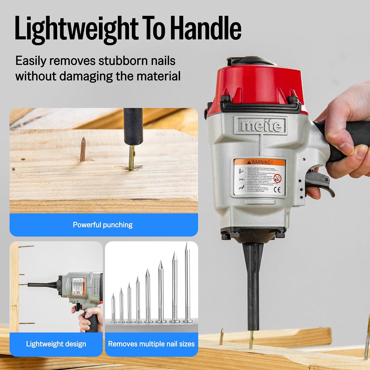 meite NP55 Pneumatic Nail Remover, Professional Heavy Duty Air Punch Nailer Denailer Gun Removes 9-16 Gauge Nails Length 71-90 mm, 85-120 PSI Pallet Nail Puller for Wooden Furniture & Reclaimed Wood