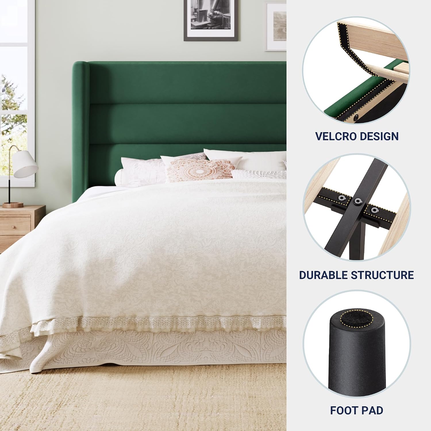 Allewie King Size Platform Bed Frame with Velvet Upholstered Wingback Headboard, No Box Spring Needed, Strong Wooden Slats, Under Bed Storage Space, Modern Mattress Foundation, Easy Assembly, Green