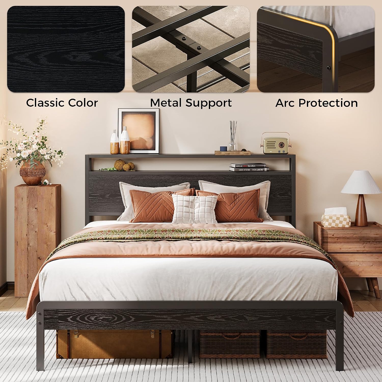 LIKIMIO Full Bed Frame with Headboard, Dark Wood Camas Full with Strong Supports, Sturdy, Noise-Free, No Box Spring Needed, Black
