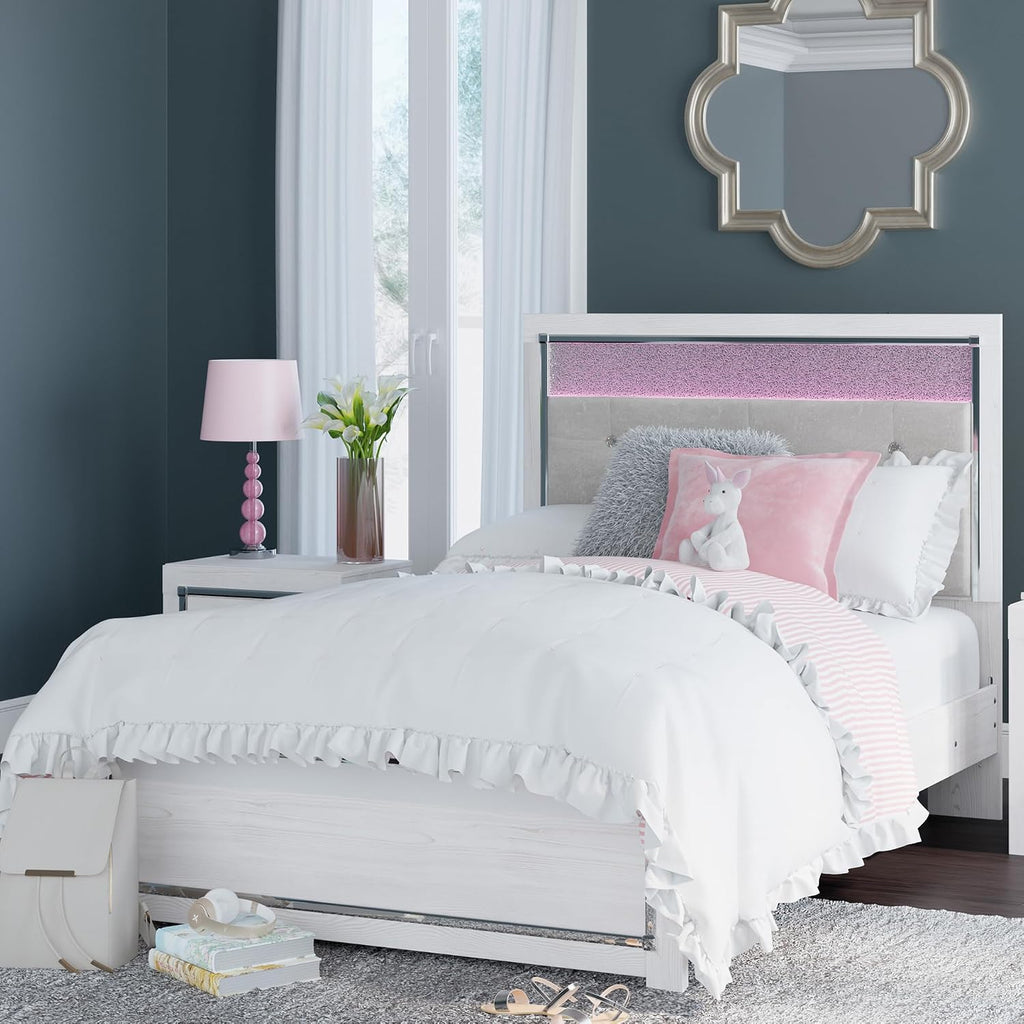 Signature Design by Ashley Altyra Contemporary Adjustable Tufted Full Upholstered Panel Bed with LED Lights and Metal Slats, Foundation or Box Spring Needed, White & Gray
