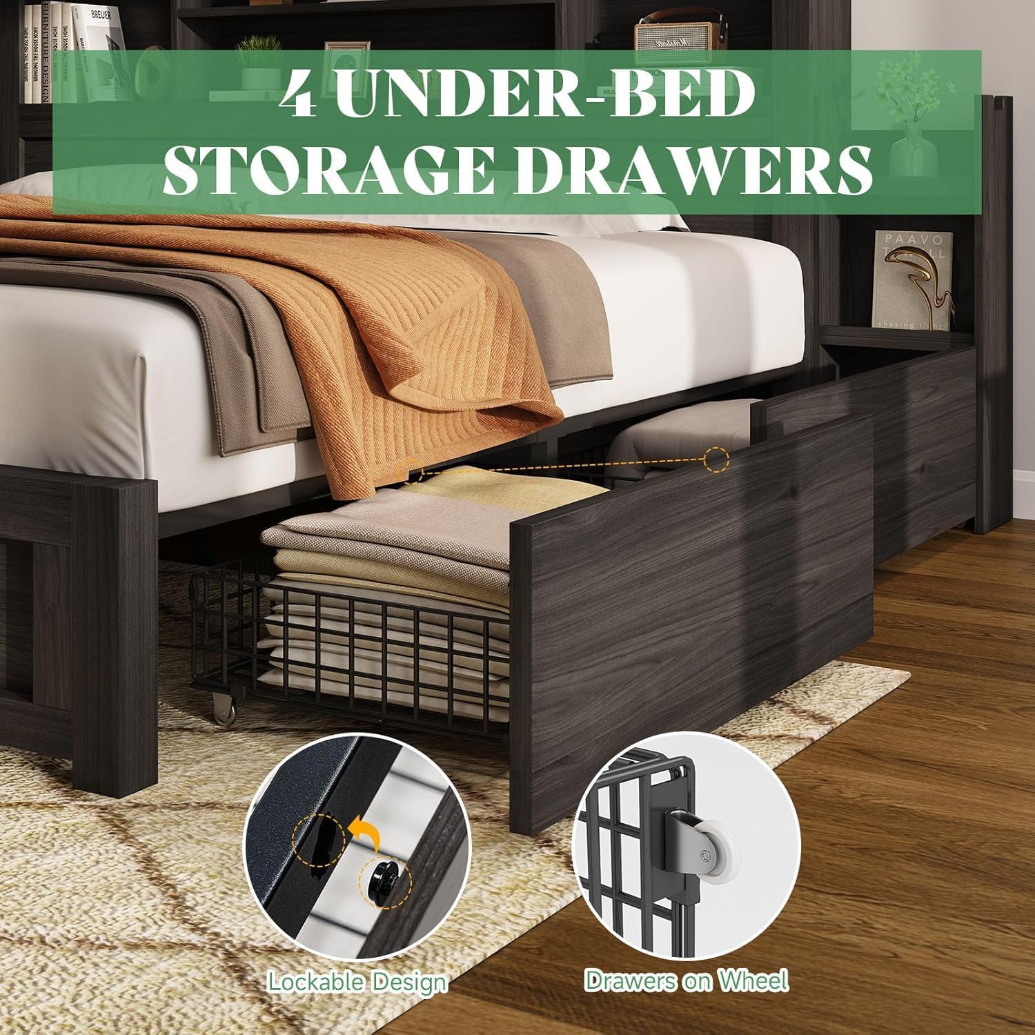 AMERLIFE California King Size Bed Frame with 4 Storage Drawers, LED Bed Frame with 49.6' Tall Bookcase Headboard, Wood Platform Bed with Charging Station & 2 Slide Bedside Shelf, Black