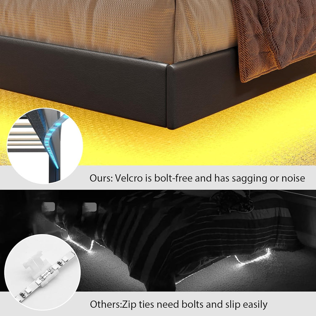 King Size Bed Frame with Storage Headboard, Floating Bed Frame King with Storage & Charging Station, King Size Bed with LED Lights,Platform Bed No Box Spring Needed, Noise-Free, Easy Assembly,PU Black