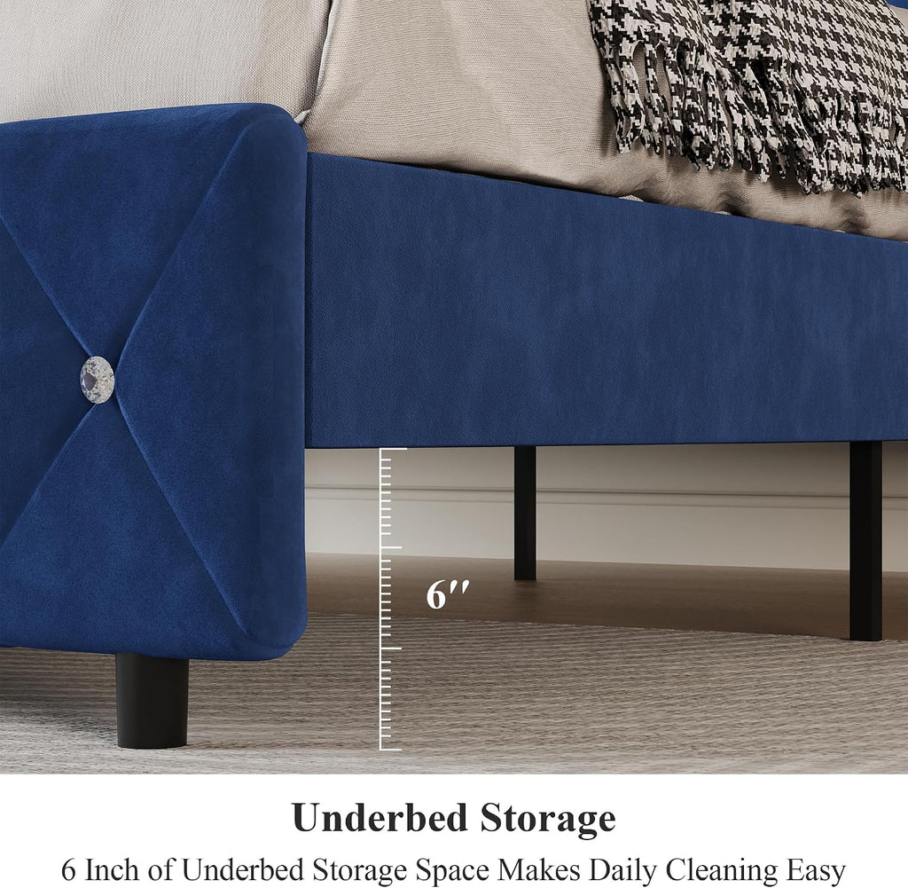Lullabyre Full Size Bed Frame, Upholstered Bed Frame with Diamond Tufted Headboard, Modern Silverside Wingback, No Box Spring Needed, Easy Assembly, Blue