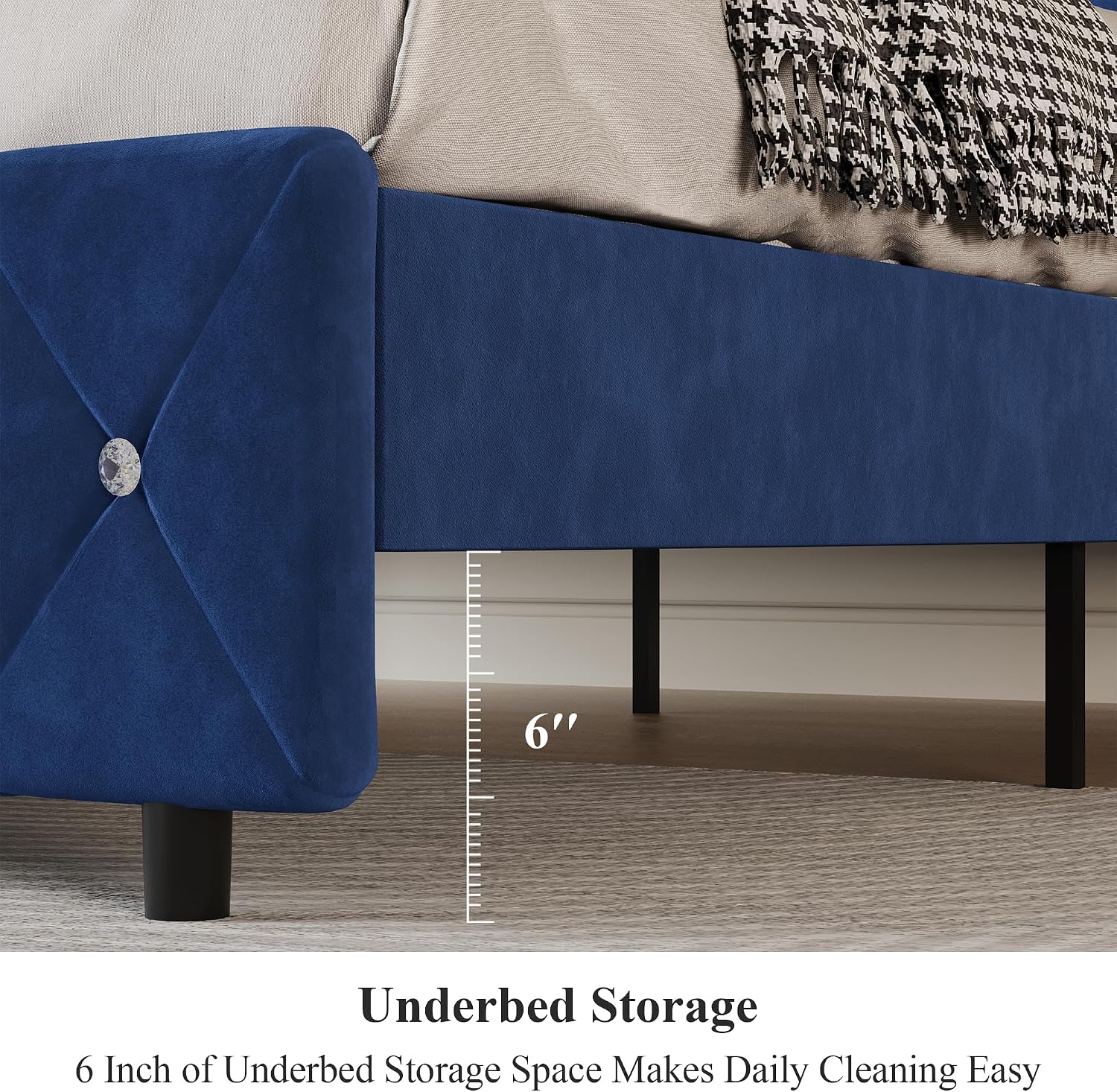 Lullabyre Full Size Bed Frame, Upholstered Bed Frame with Diamond Tufted Headboard, Modern Silverside Wingback, No Box Spring Needed, Easy Assembly, Blue