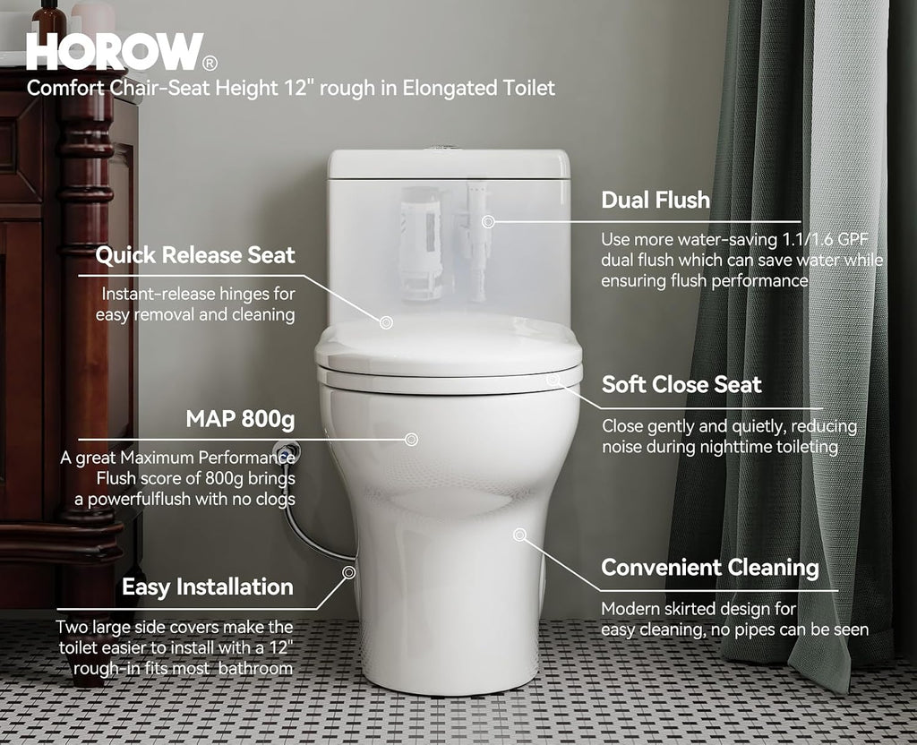 HOROW HR-ST076WD Dual Flush Elongated Toilet with Soft Close Seat, High-Efficiency Supply, Standard Bathroom Toilet 12' Rough-In, White Finish