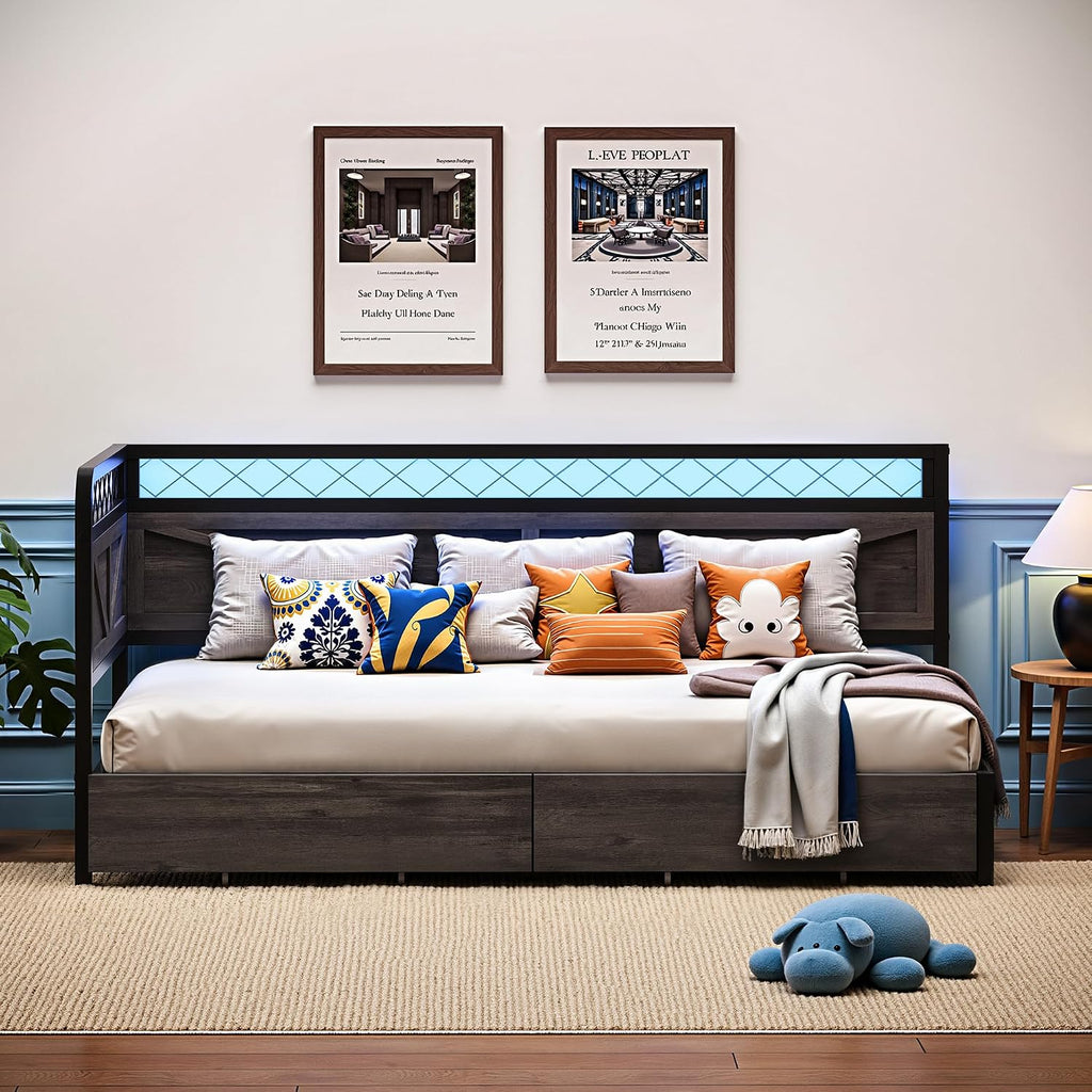 ANCTOR Twin Corner Bed Frame with Storage Drawers, Daybed with LED Lights and Charging Station, No Box Spring Needed, Heavy Duty, Easy Assembly for Living Room, Bedroom and Guest Room, Grey