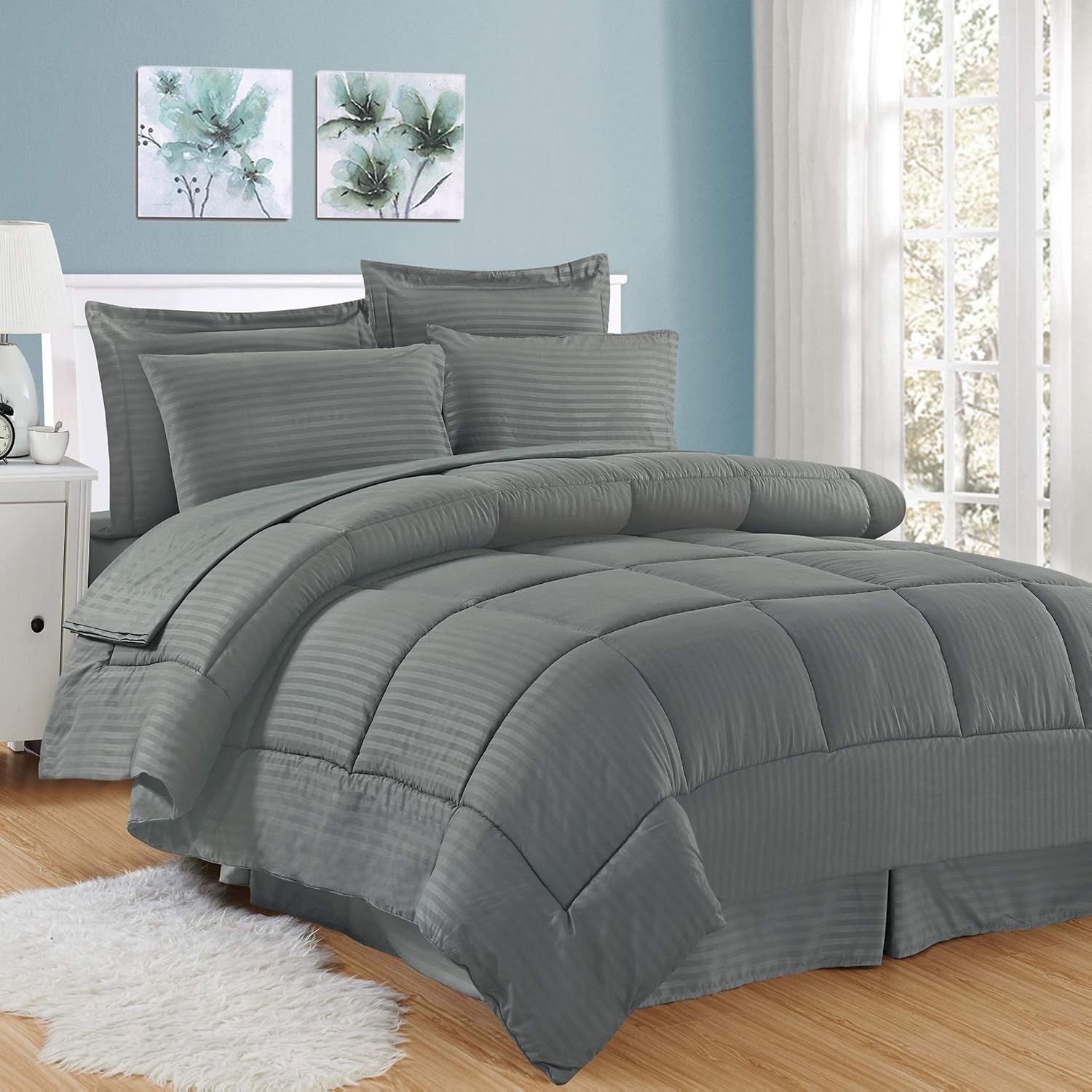 Sweet Home Collection 8 Piece Bed in A Bag with Dobby Stripe Comforter/Sheet Set/Bed Skirt and Sham Set, King Size, Gray (Pack of 3)