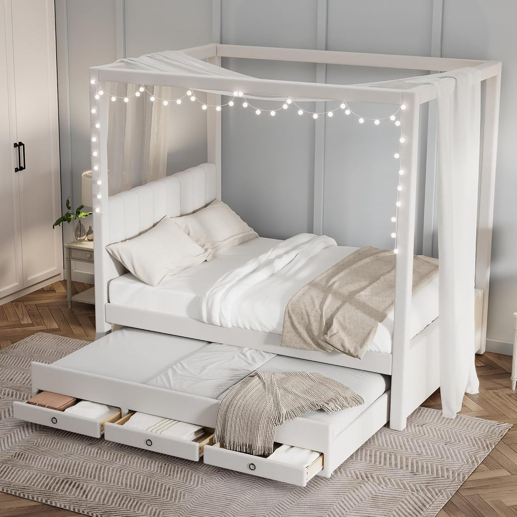 Full Size Linen Upholstered Canopy Bed with Trundle and 3 Storage Drawers for Bedroom, Guest Room (Full)