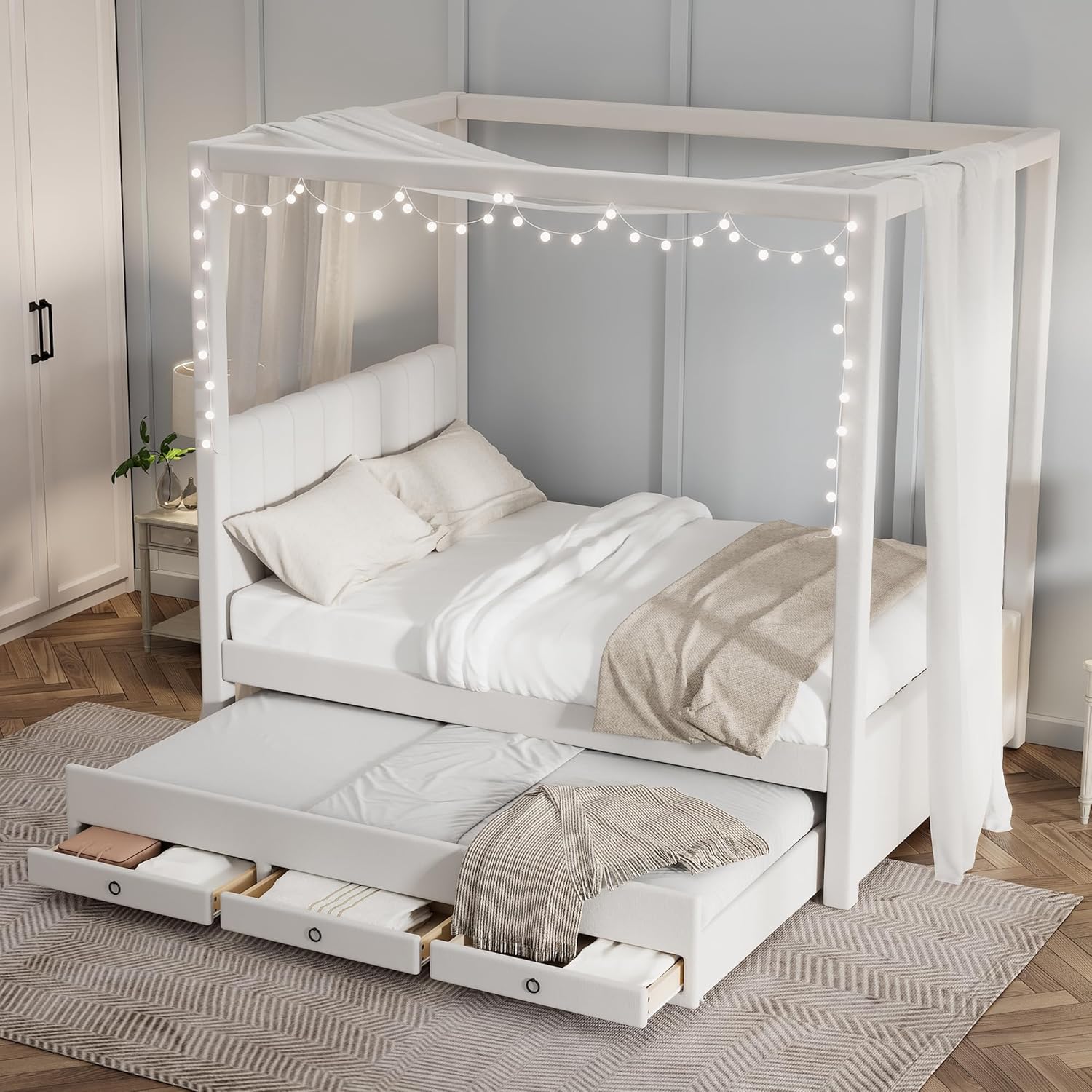 Full Size Linen Upholstered Canopy Bed with Trundle and 3 Storage Drawers for Bedroom, Guest Room (Full)