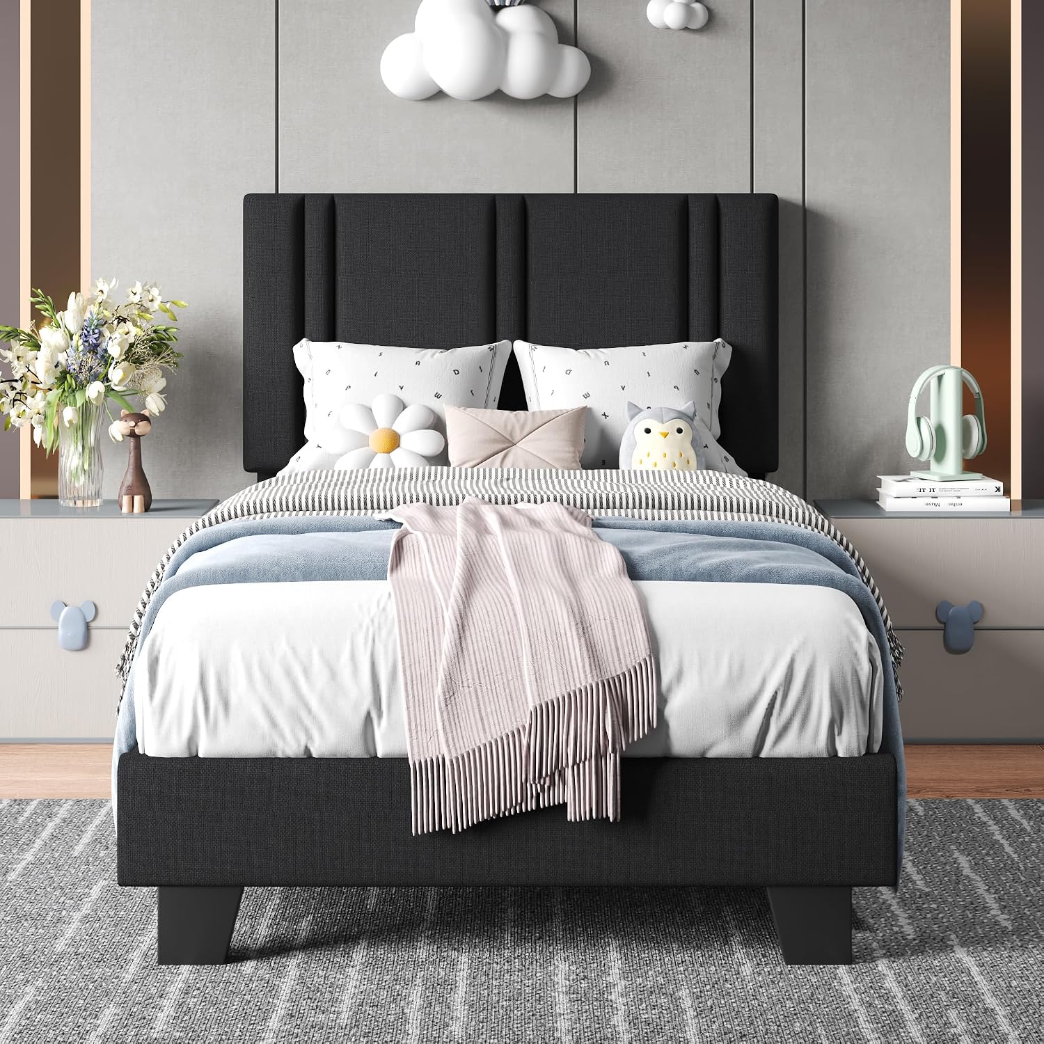 Einhomn Upholstered Twin Size Bed Frame with Linen Fabric Headboard, Strong Wooden Slats Support, Noise Free, No Box Spring Needed, Black