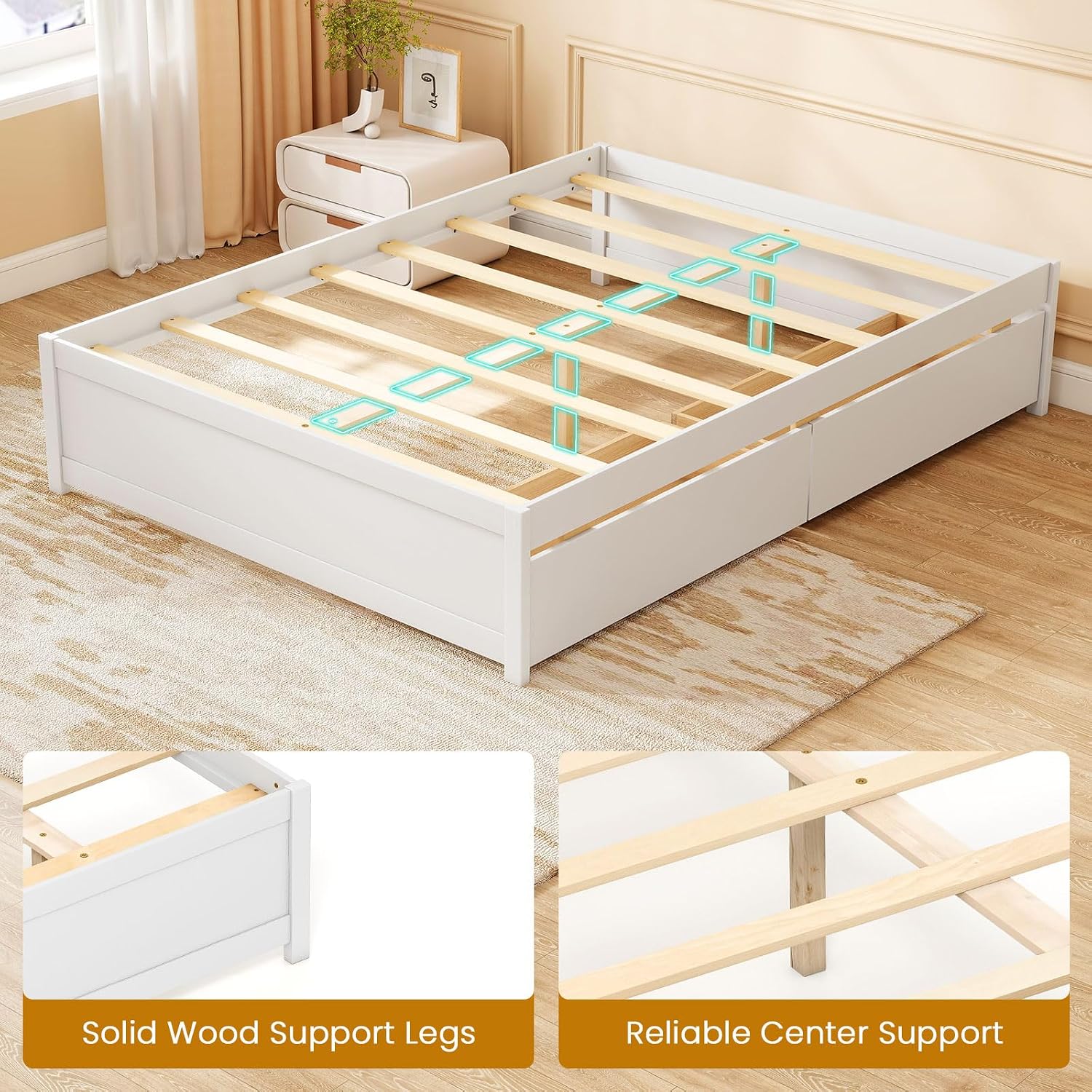 Giantex Full Size Bed Frame with 2 Storage Drawers, Solid Wood Platform Bed with Slats Support, Heavy Duty Daybed with Storage, No Box Spring Needed, Full Bed Frames for Teens Adults, White