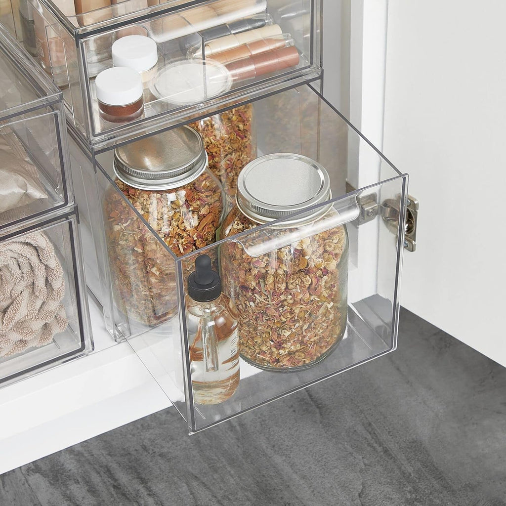 mDesign Plastic Stackable Bathroom Storage with Pull Out Bin Organizer Drawer for Cabinet, Vanity, Shelf, Cupboard, Cabinet, or Closet Organization - Lumiere Collection - 8 Pack - Clear