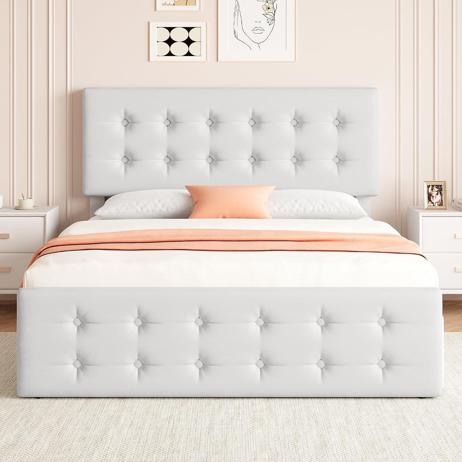 IDEALHOUSE Queen Size Bed Frame with 4 Storage Drawers and Headboard, Faux Leather Upholstered Platform Bed Frame with Wooden Slats Support, Button Tufted Design, No Box Spring Needed, White