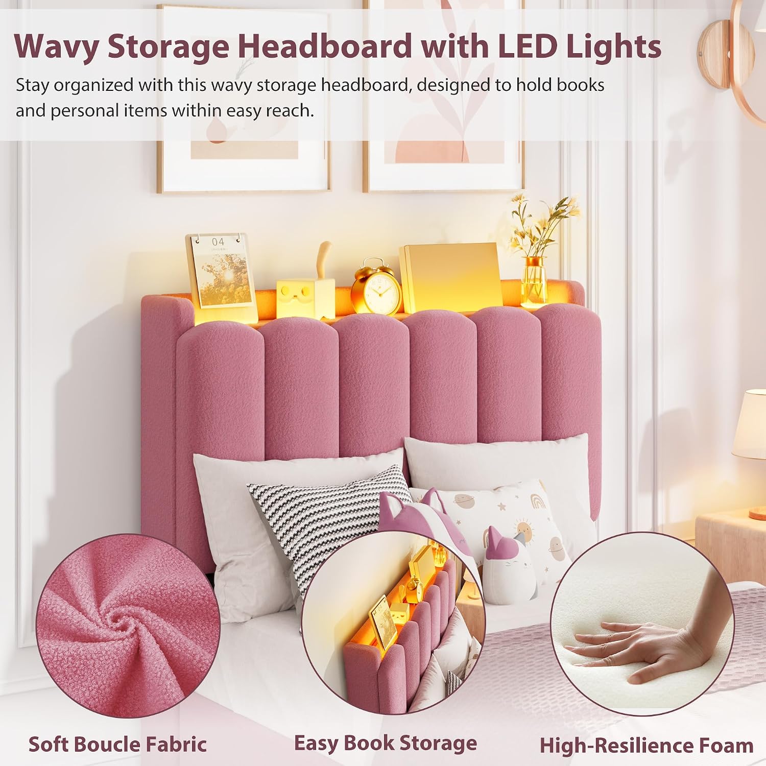 Garvee LED Twin Size Bed Frame with Storage Headboard, Kids Bed Frame with 2 Drawers, Boucle Upholstered Platform Bed for Girls, Chic Wavy Headboard with Bookcase, No Box Spring Needed, Dark Pink