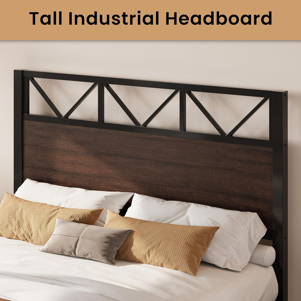 LIKIMIO Queen Bed Frame, Tall Industrial Headboard 51.2 ', Platform Bed Frame with Strong Metal Support, Solid and Stable, Noise Free, No Box Spring Needed, Easy Assembly, Dark Brown