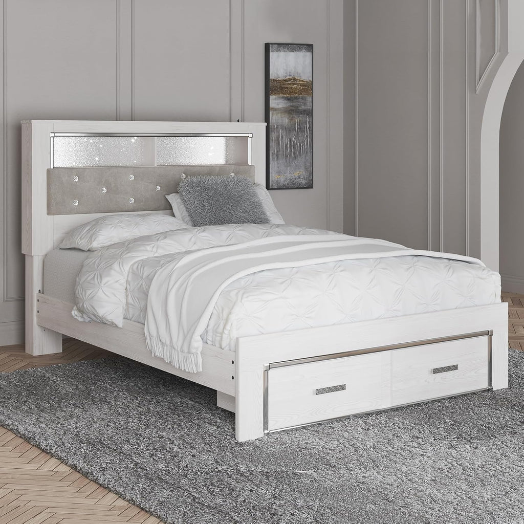 Signature Design by Ashley Altyra Contemporary Tufted Queen Upholstered Bookcase Platform Bed with LED Lights and 2 Drawers, Foundation or Box Spring Not Needed, White & Gray