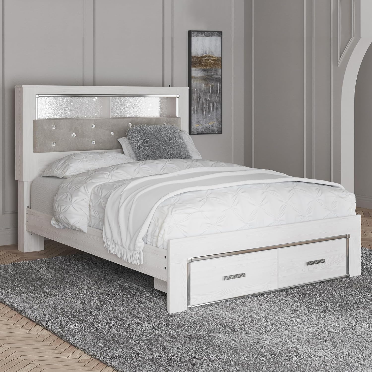 Signature Design by Ashley Altyra Contemporary Tufted Queen Upholstered Bookcase Platform Bed with LED Lights and 2 Drawers, Foundation or Box Spring Not Needed, White & Gray